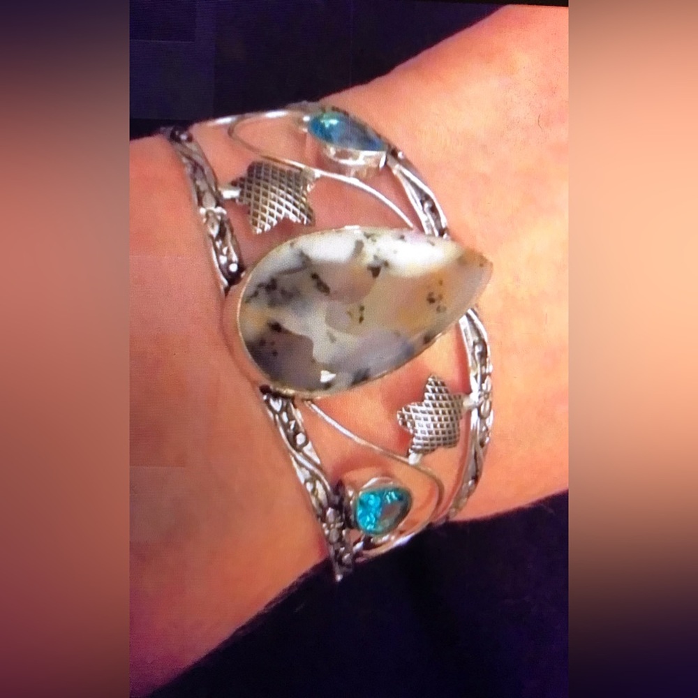 Dendritic Opal Blue Topaz Stamped 925 Sterling Silver Cuff Bracelet